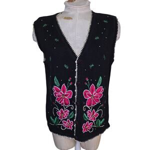 Vtg‎ REFERENCE POINT Women's Embellished Christmas Cardigan Vest Poinsettias M
